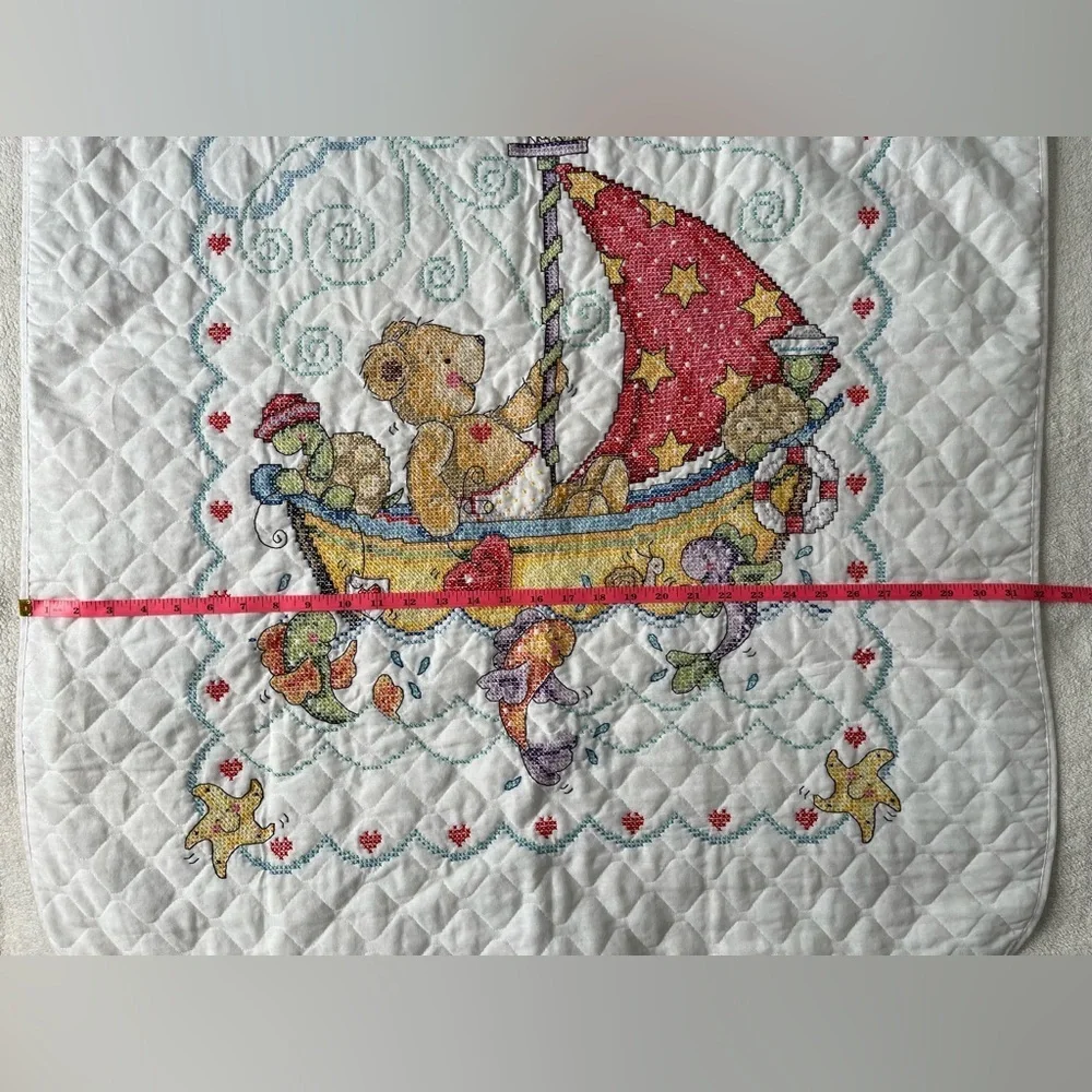 Quilted Embroidered Baby Blanket, Teddy Bear on Sailboat Design. White
